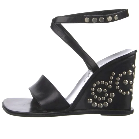 90s Vintage DOLCE & GABANNA Women's 40 Black Studded Wedge Square Toe Sandals